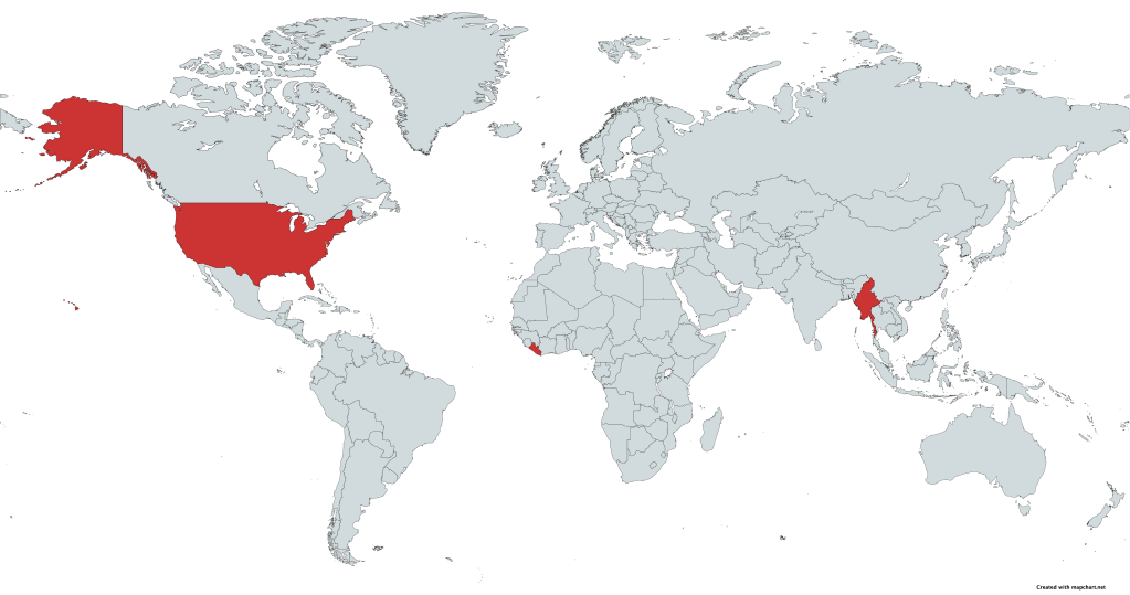 Map of countries of the world still primarily using the Imperial system of measurement. Made with mapchart.net