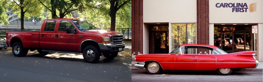 Left by Matti Blume (https://commons.wikimedia.org/wiki/File:Red_Ford_F-350.jpg); right by anoldent (https://commons.wikimedia.org/wiki/File:1959-Cadillac-4d-HT.jpg)