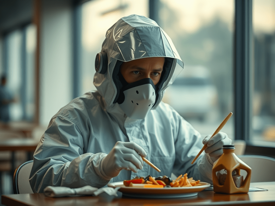 Generated with the Jetpack AI using the term "person on a hazmat suit eating lunch". In the public domain.