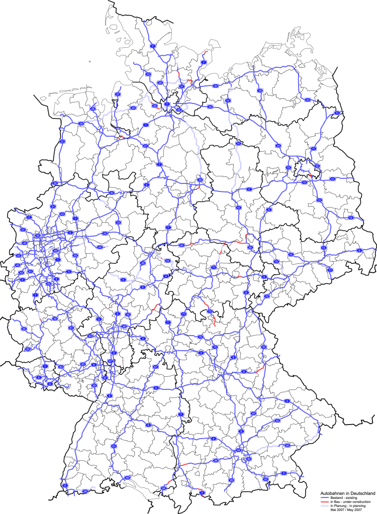 By fremantleboy (https://commons.wikimedia.org/wiki/File:Autobahnen_in_D_mit_Landkreisgrenzen.png)