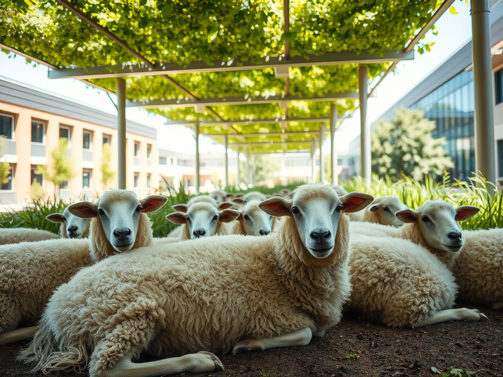 Generated by the Jetpack AI using the prompt "sheep parking under a living roof on a university campus". In the public domain.