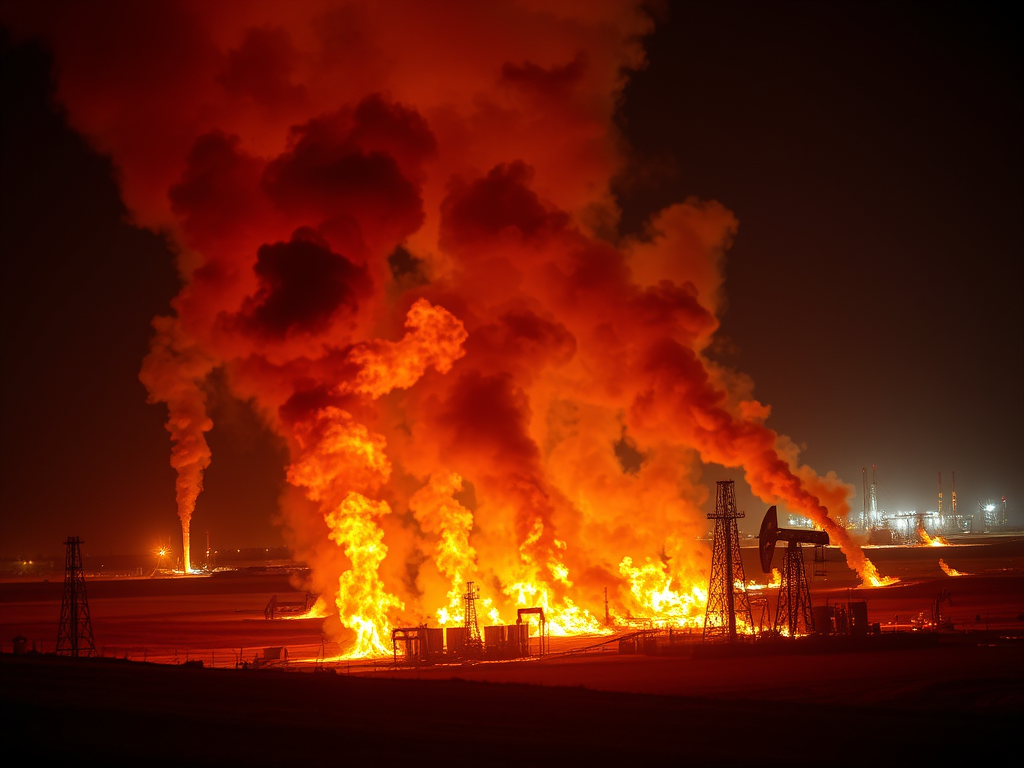 Generated by the Jetpack AI using the query "burning oil field". In the public domain.