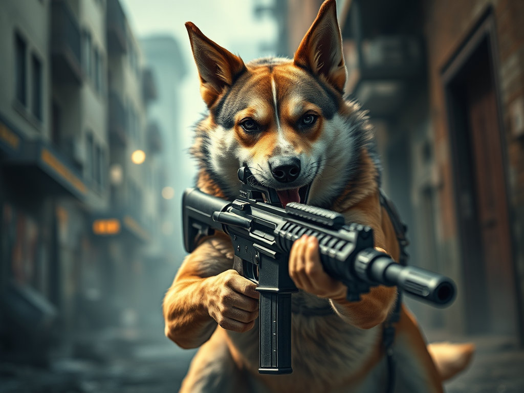 Generated using the Jepack AI with the query "Create an image of a dog with a machine gun"