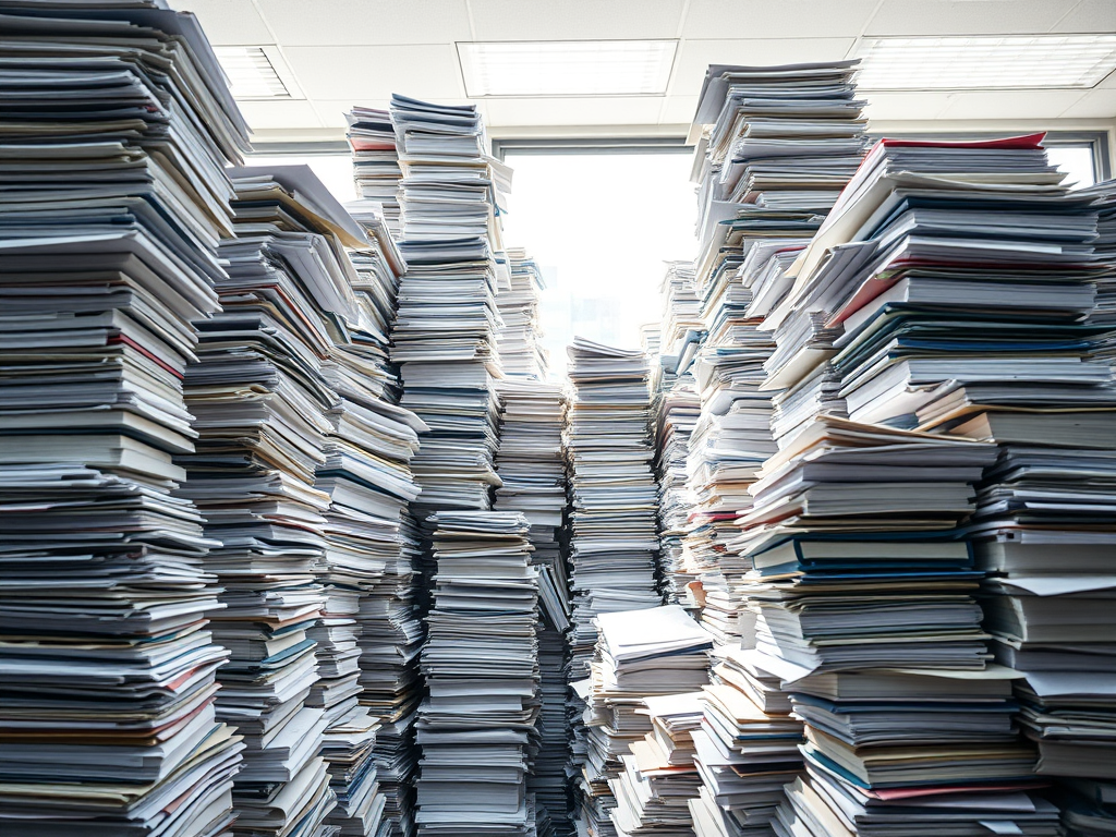 Generated using the Jetpack AI using the query "mountains of paperwork". In the public domain.