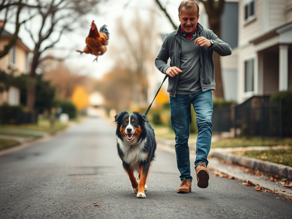 Created by the Jetpack AI using the prompt "A man walking an Australian Shepherd down a quiet residential street. One hen is falling from the sky in the far background.". In the public domain.
