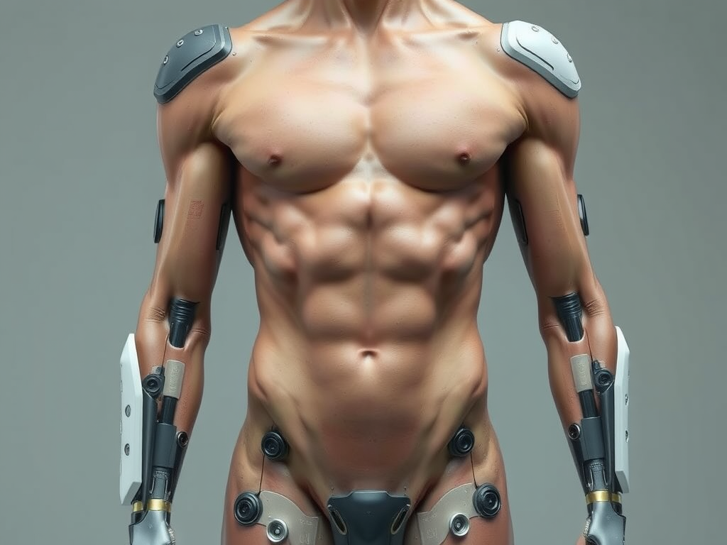 Generated using the Jetpack AI using the query "An image of a man from head to toe with every medical implant known. It could be a cyborg but must be more human than robot." In the public domain.