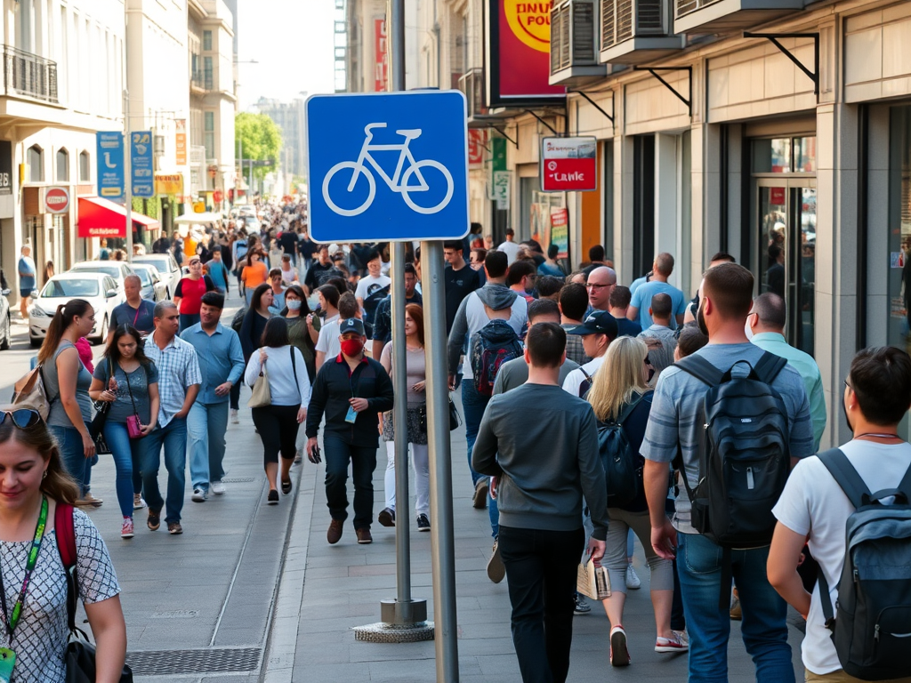 Created with the Jetpack AI using the prompt "Create an image of a highly crowded sidewalk along a small road with a large, blue sign indicating it to be a bicycle route." In the public domain.