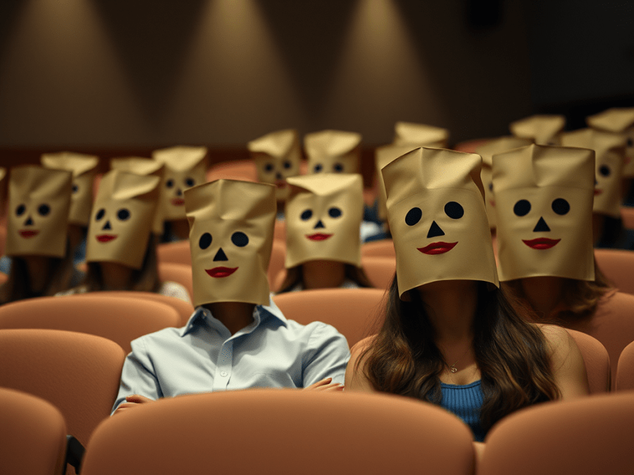 Created by the JetPack AI using the prompt "A half-empty lecture theatre where all the participants are wearing paper bags (with eye holes and a hole for the mouth) over their heads to conceal their identity." In the public domain.