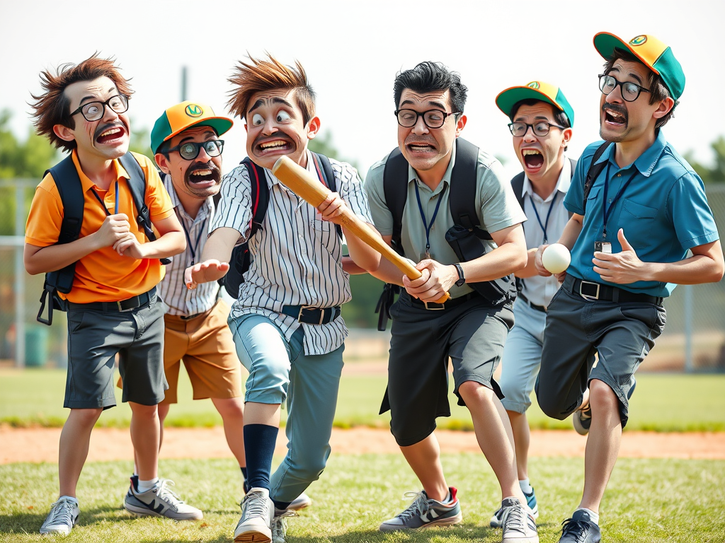 Generated using the Jetpack AI using the prompt "A bunch of IT nerds trying to play baseball but failing miserably at it." In the public doman.