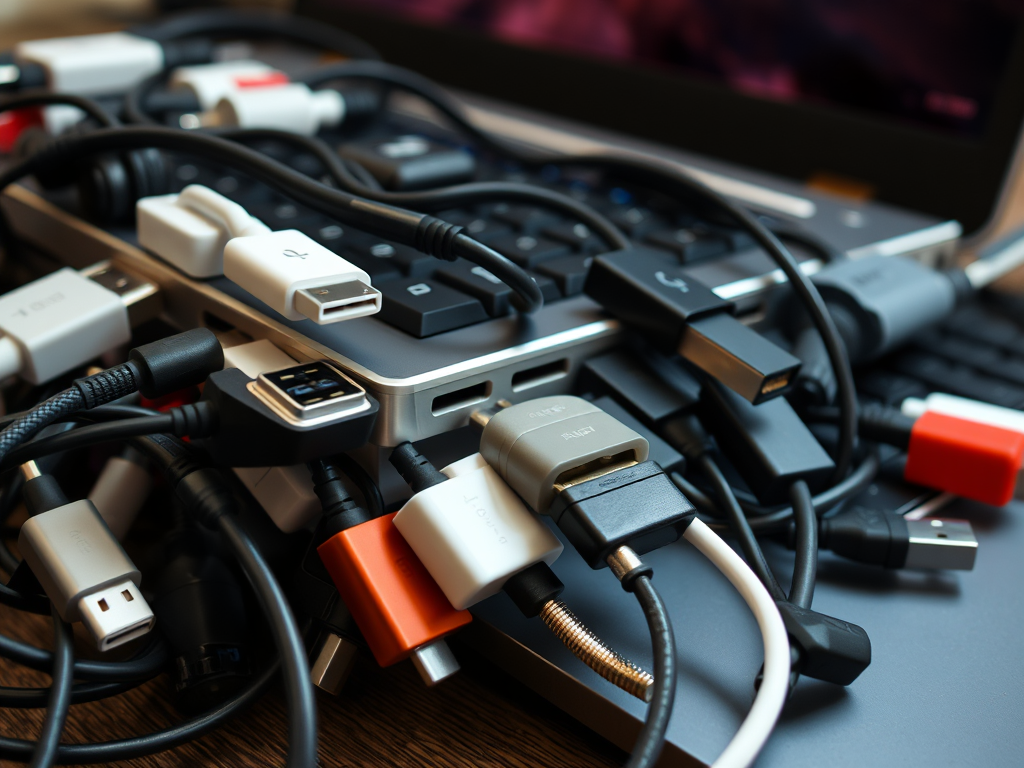 Generated by the Jetpack AI using the prompt "A high resolution, close-up image of a laptop with so many dongles hanging from it that it is impossible to use the laptop." In the public domain.