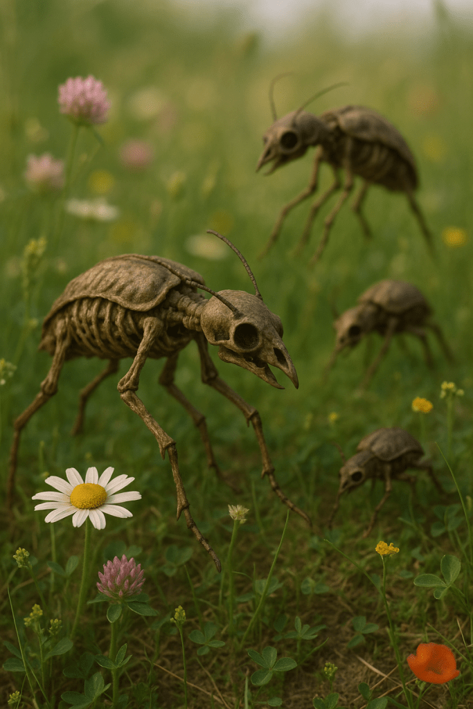 Creating with ChatGPT using the prompt "Can you make me a photorealistic picture of a few of emaciated beetles on a blooming insect meadow? The beetles should look like skin and bones." In the public domain.