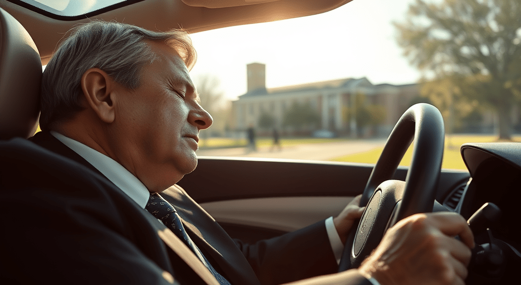 Generated by the Jetpack AI using the prompt "A picture of a middle-aged person in a business suit asleep with their head on the steering wheel on a bright sunny day on a university campus."