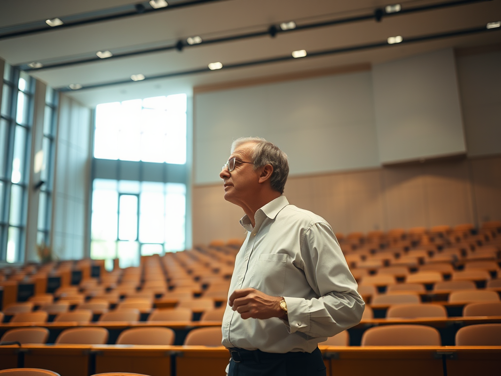 Generated by the Jetpack AI using the prompt "A professor giving a lecture to a completely empty lecture hall." In the public domain.