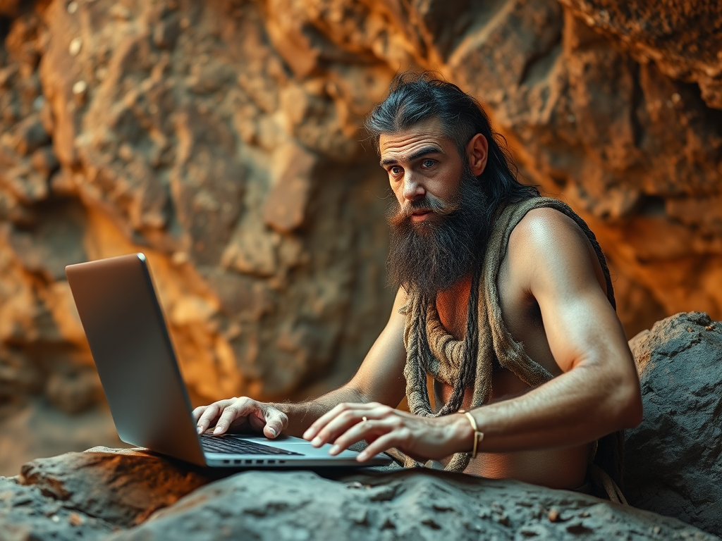Generated by the Jetpack AI using the prompt "A caveman trying to use the internet.". In the public domain.
