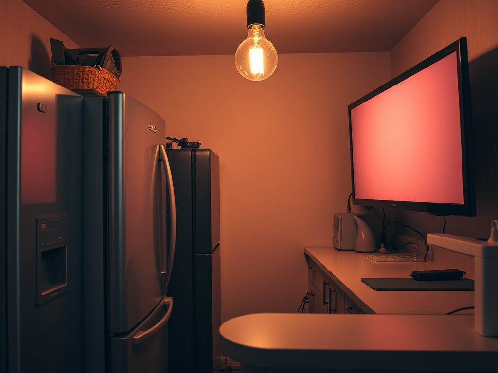 Generated by the Jetpack AI using the prompt "A  small, cramped kitchen with a large metal fridge, a large flatscreen TV, and an internet modem. It should be lit by a single, naked incandescent bulb hanging from the ceiling." In the public domain.
