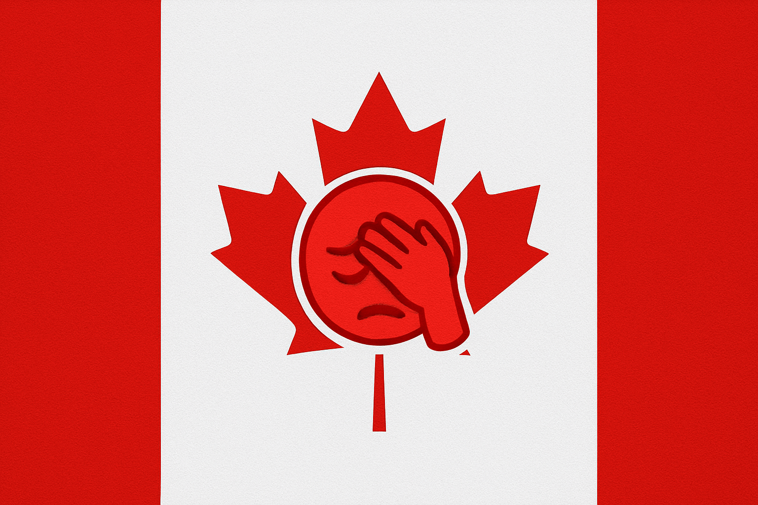 Created using ChatGPT using the prompt " Could you make my a high-resolution image of the Canadian flag please? However, the maple leaf in the center should be replaced by the face-palm emoji. The emoji should be in red and also look as much like the original maple leaf as possible both in shape and in colour.". In the public domain.