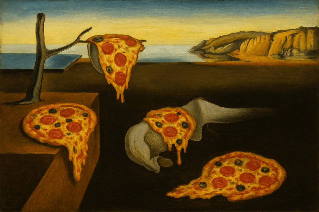 Created by ChatGPT using the prompt "Make me a parody image of Dali's "The Persistence of Memory" where all the melted clocks are instead cheap and disgusting looking pizzas." In the public domain and with no infringement toward the original intended.
