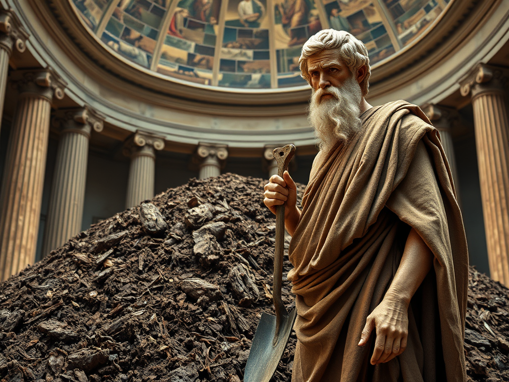 Generated by the Jetpack AI using the promt "A photorealistic picture of the Greek philosopher Archimedes standing next to a large pile of manure in the Pantheon. He should be holding a small garden trowel and looking frustrated." In the public domain.