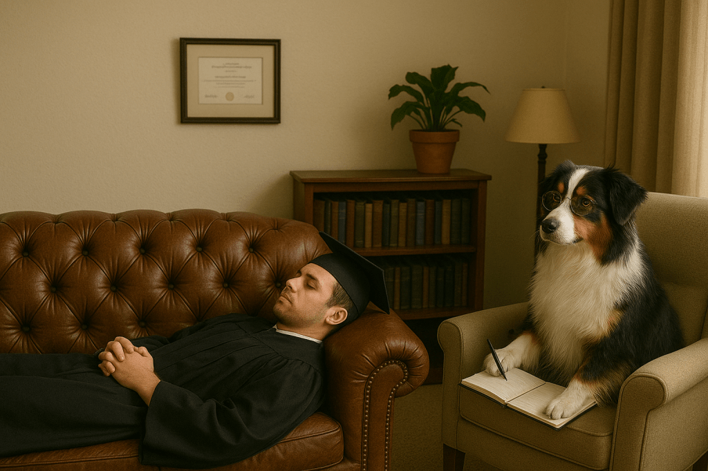 Generated by ChatGPT using the prompt "Can you please make me a photorealistic picture of a psychiatrist's office. The couch should be in a classical Freudian style and should be occupied by a patient who is laying down and wearing a academic gown and a mortarboard. The psychiatrist should be an Australian Shepherd sitting in an armchair." In the public domain.