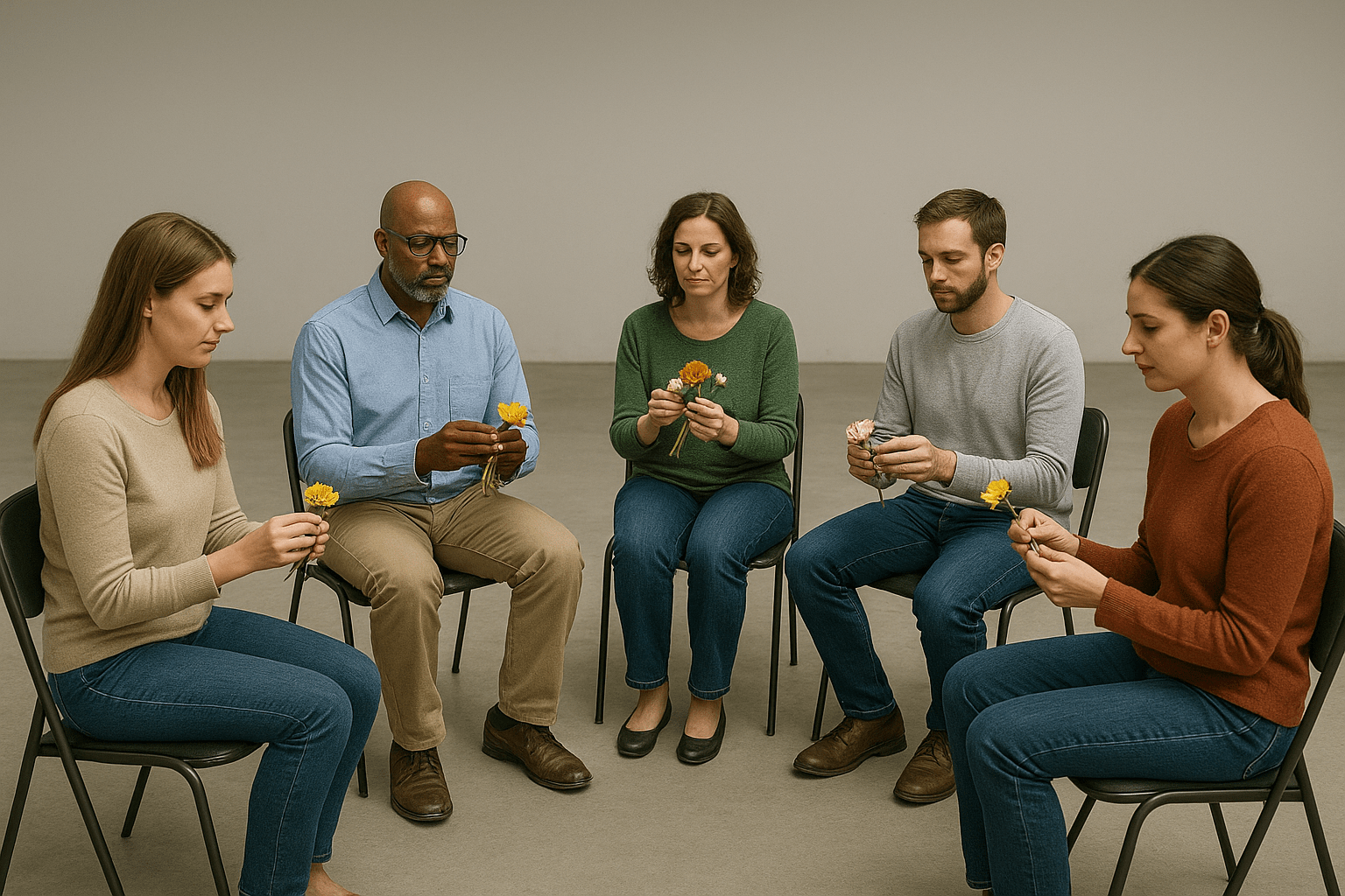 Created by ChatGPT using the prompt " Create a photorealistic picture of a group-therapy session. The room should be large and featureless. The participants should be sitting in a circle and making flowery ornaments." In the public domain.