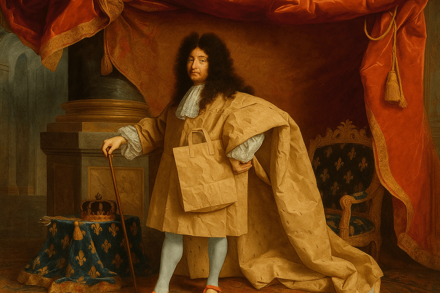 Created using ChatGPT based on the picture found at https://de.wikipedia.org/wiki/Datei:Louis_XIV_of_France.jpg using the prompt "Please make a parody of this uploaded picture. Everything should stay exactly the same except for the following. First, the final image should be in widescreen format. Second, Louis XIV should be dressed in large paper shopping bags." In the public domain (like the original it is based upon).