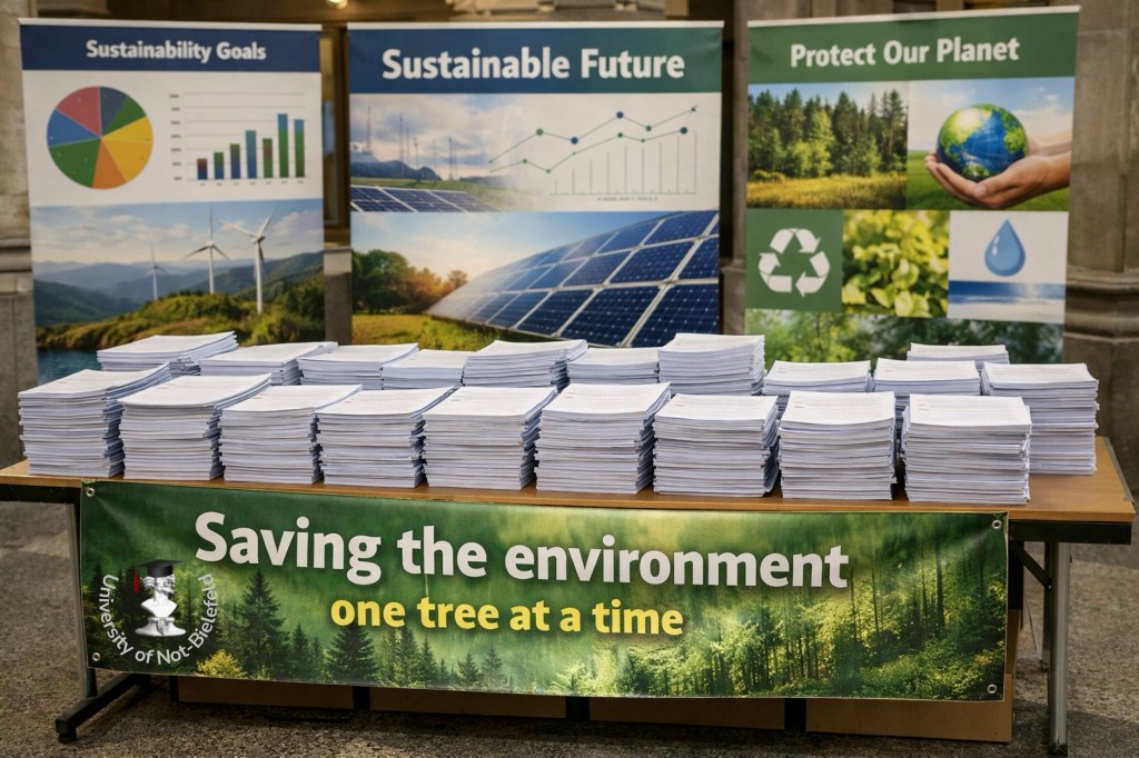 Created using ChatGPT using the prompt "I need a photorealistic image of an information stand at a European University. The table before the stand should be loaded with hundreds of copies of reports, each of which is about 100 pages long. The panels in the background should refer to sustainability with various vague charts and diverse environmental pictures. Hanging from the front of the table should be a banner reading "Saving the environment one tree at a time"." In the public domain.