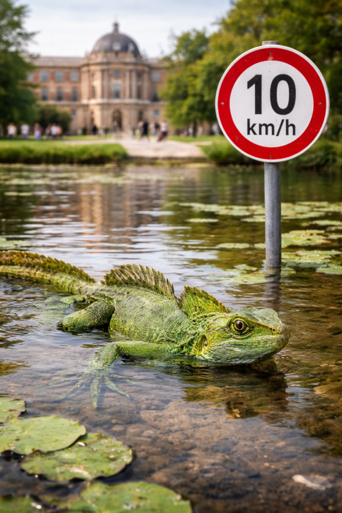Created by ChatGPT using the prompt "a photorealistic image of a Jesus Christ Lizard. The lizard should be lying face down and half submerged in a shallow pond. Nearby in the pond should be a speed limit sign on a post. The speed limit is 10 km/h and the sign should be formatted for German roadways. In the background, a European university campus should be shown. The campus should be slightly out of focus to indicate that it is in the background." In the public domain.