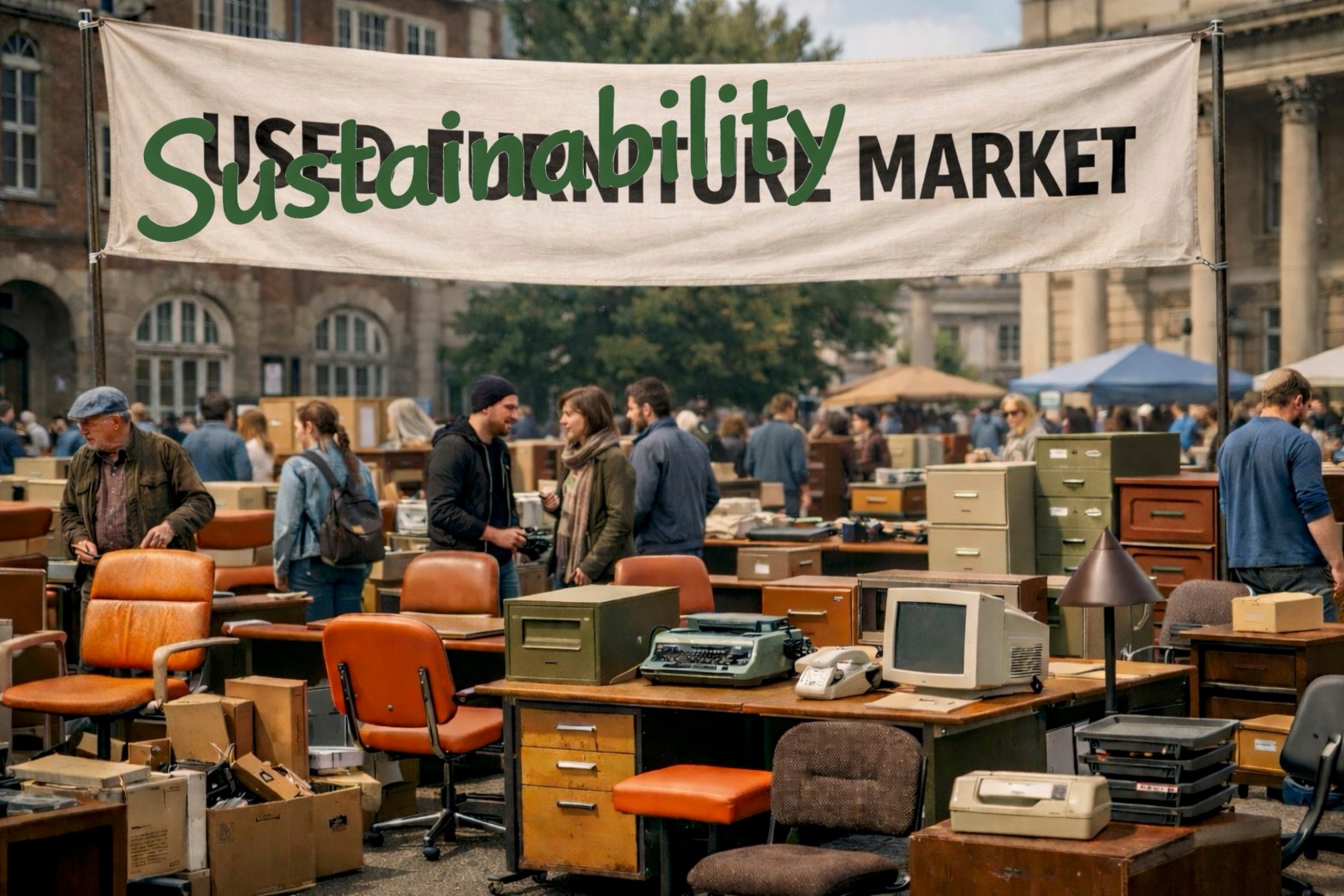 Finally created using ChatGPT from an initial prompt of "I need a photorealistic image of a furniture flea market in a European university setting. The furniture on offer should be ugly office furniture from the 1970s. Above the market, there should be a banner with the words "Sustainability market" on it. However, it should be clear that these words have been quickly added to the banner and are covering up the original words of "Cheap junk". The whole picture should be in widescreen format." In the public domain.
