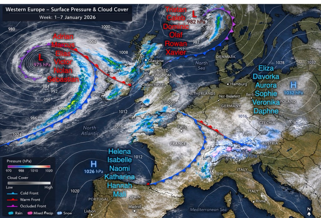 Modified by fogBlogger from the ChatGPT image created using the prompt "I need a high-resolution weather map for western Europe. The map should show a distinct high-pressure system and a distinct low pressure system.". In the public domain.