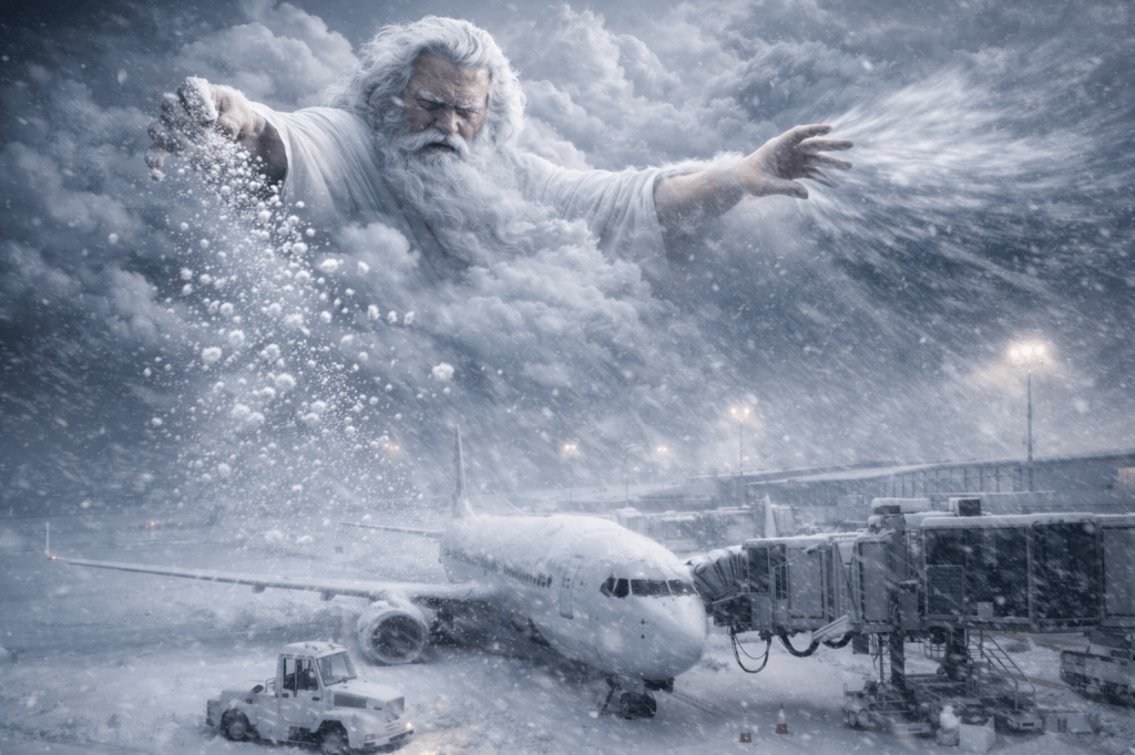 Created by fogBlogger using ChatGPT with the prompt "I need a photorealistic image of a snowbound airport. It should should blizzard-like conditions. The sky should be cloudy. Above the clouds there God should be shown as he is traditionally depicted (i.e., as an old white male in white robes). He should be sprinkling lots of snow from one hand and creating lots of wind with the other." In the public domain.