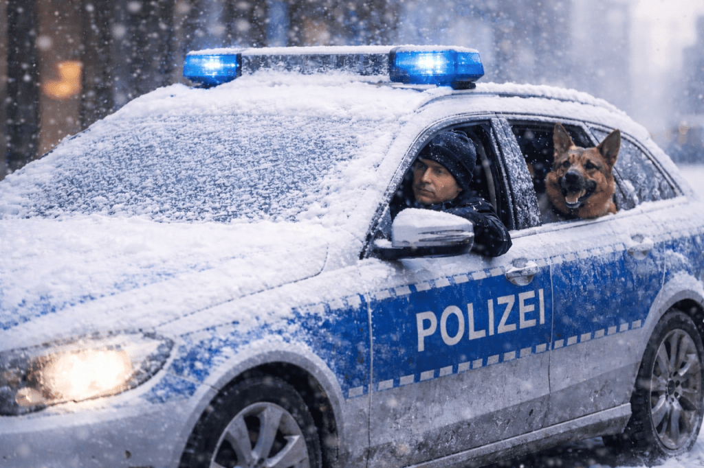Created by fogBlogger using ChatGPT with the prompt "I need a photorealistic picture of a German police car driving down a city road in winter. The windshields as well as all other windows should be completely iced over. There should also be snow on the roof and on the head of the car. The driver's side window should be open with the police office sticking their head out of it to see where they are going. On the rear passenger side, the window should also be open with a police dog sticking their head out to enjoy the wind." In the public domain.