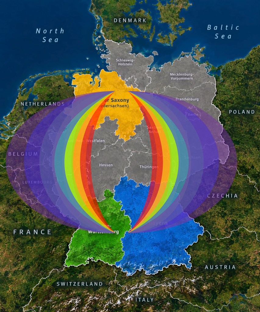 Created by fogBlogger from a map created by ChatGPT using the prompt "I need an map image of Europe dominated by Germany, which should be large and the focal point of the map. Within Germany, the three provinces of Lower Saxony, Baden-Württemberg, and Bavaria should be highlighted to stand out from the remaining provinces.". In the public domain.