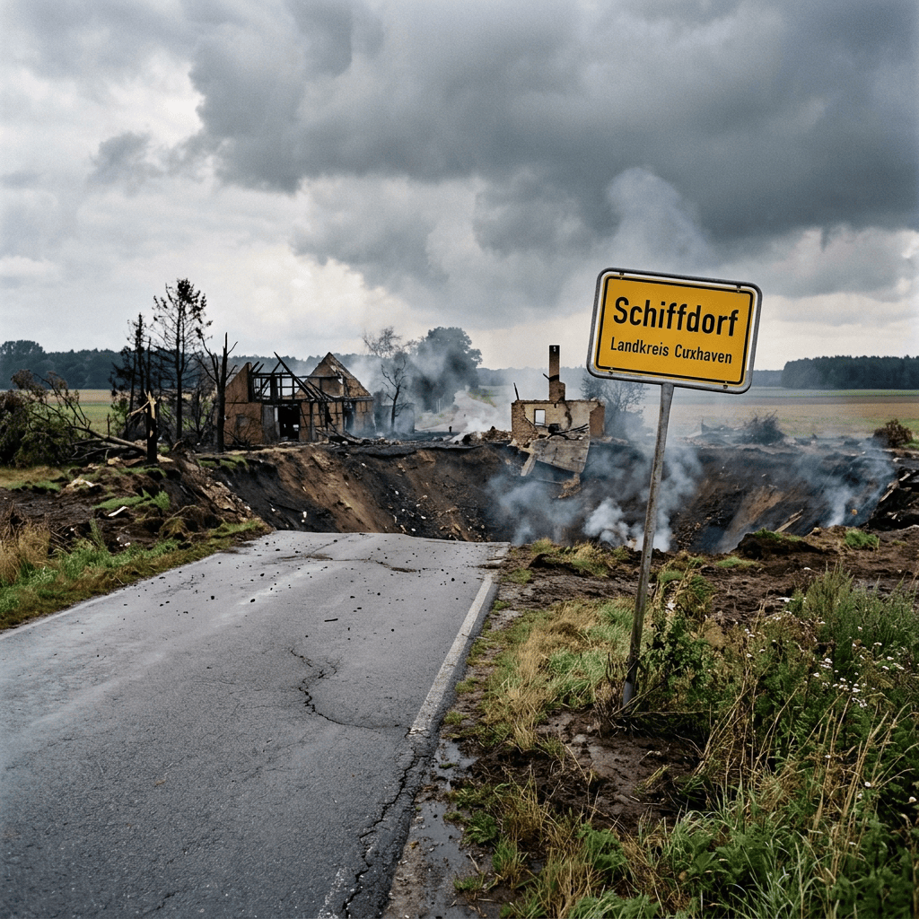 Created using the Jetpack AI using the prompt "I need a photorealistic picture of a country road leading to a small town in northern Lower Saxony. On the side of the road should be an Ortsschild saying "Schiffdorf". Behind the Ortsschild, there should be a large smoking crater where the town should have been. The crater was caused by a large lightning strike. Some ruins of buildings (barns?) can be left partially standing at the edge of the crater." In the public domain.